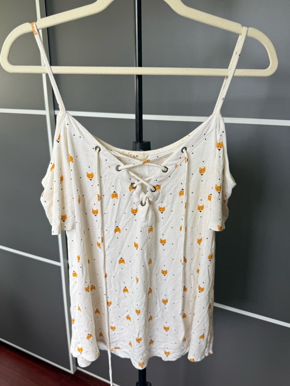 White Fox-Print Lace-Up Cold-Shoulder Tank Top